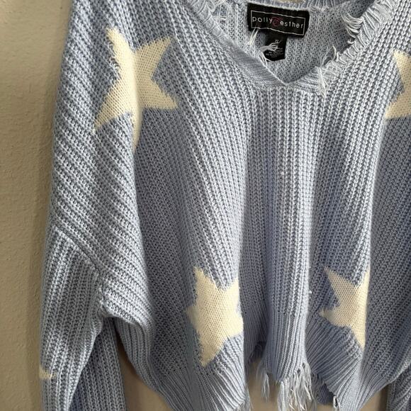 Polly & Esther Star Baby Blue Raw Hem Distressed Knitted V-neck Sweater Size XL - Picture 4 of 13